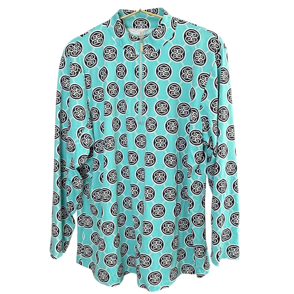 Lulu-B Women's XL Aqua Blue White Print Quarter Zip Top‎ Resortwear Vacation